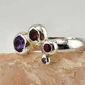 MULTISTONE HANDMADE RING GARNET & AMETHYST UNIQUE RING Made W Sterling Silve 5.5